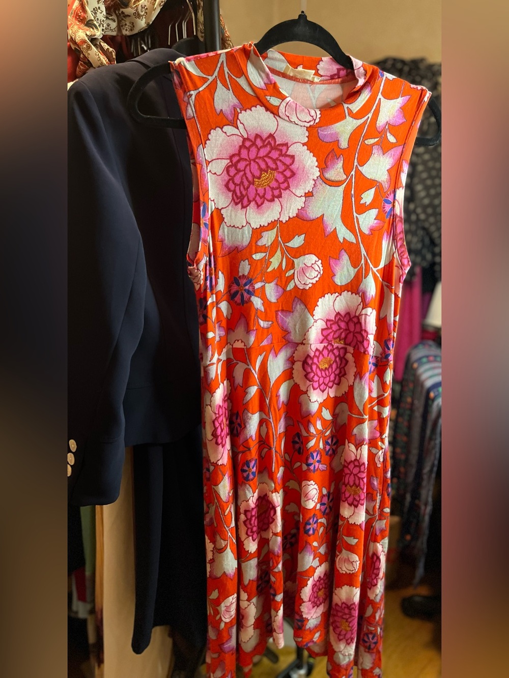 Anthropologie Vibrant Red Floral Maxi Dress with Pink Accents